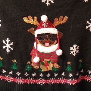 99 Jane Street Dog Dressed as Reindeer with Sweater and Black Shades